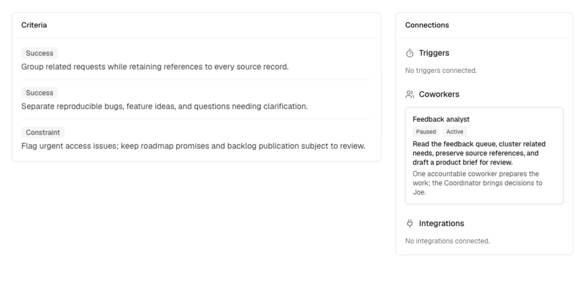 The feedback review objective in Ablo, with source-traceability criteria and the Feedback analyst responsibility.